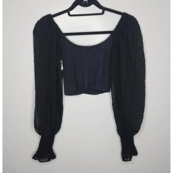 Urban Outfitters Top Womens Small Puff Long Sleeve Sheer Mesh Cropped Shirt - Picture 5 of 6